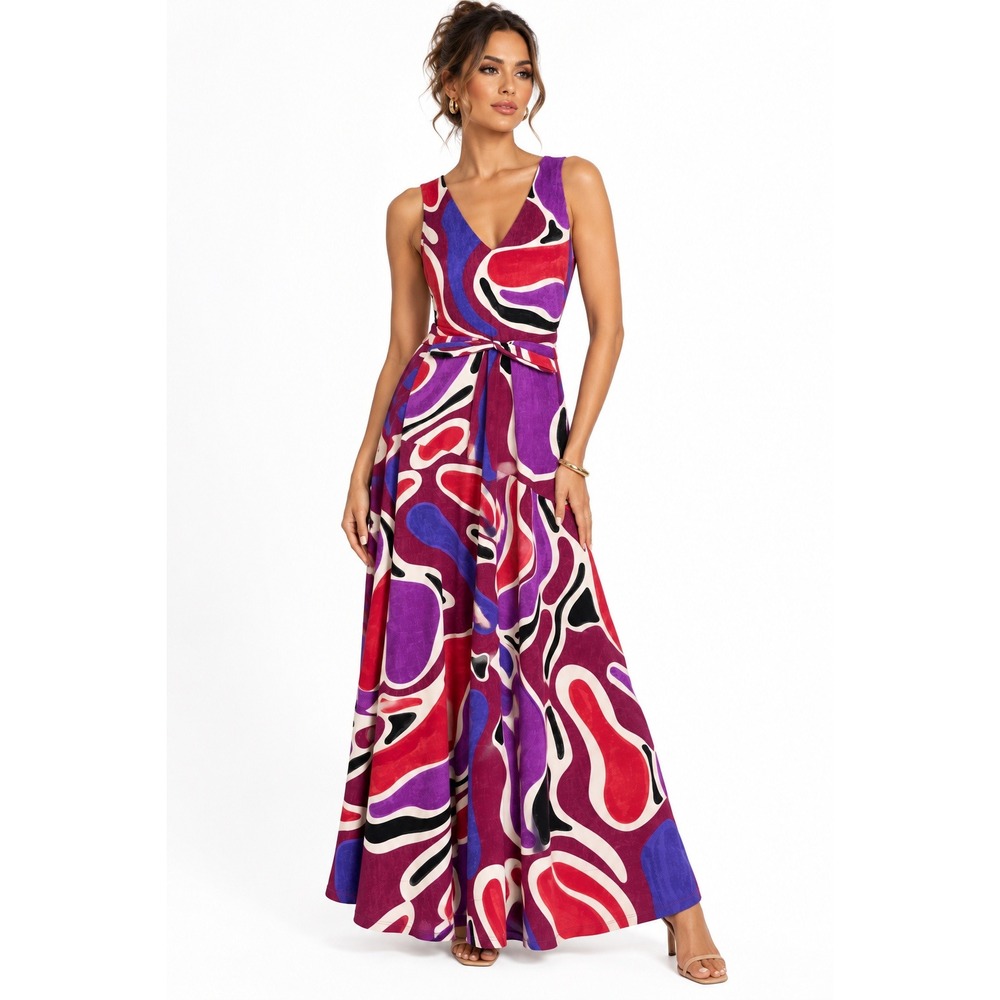 Maggy London Mia V-Neck Maxi Dress Purple Abstract Swirl Sleeveless Size 12 NWT